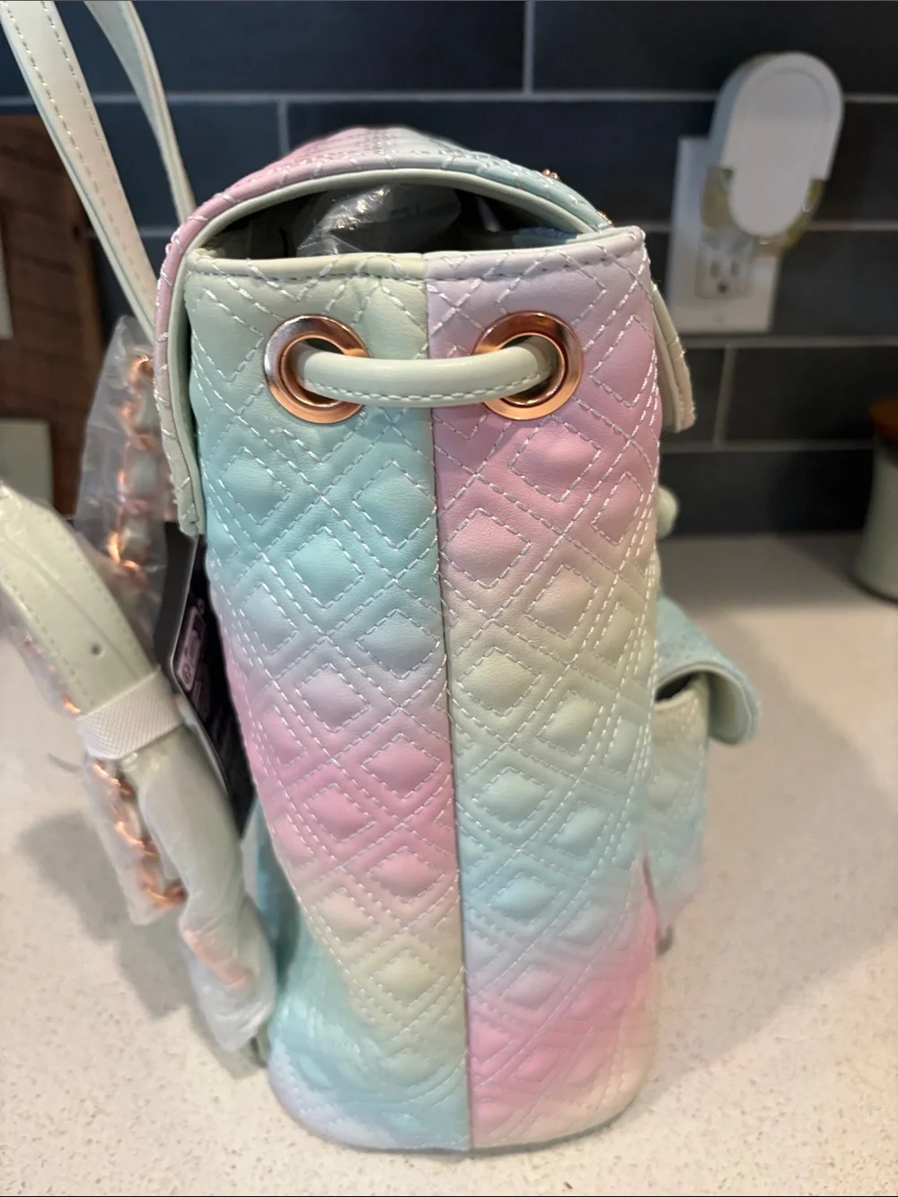 Loungefly Disney Pastel Gradient Quilted Backpack with Faux Rose-Gold Pins NWT